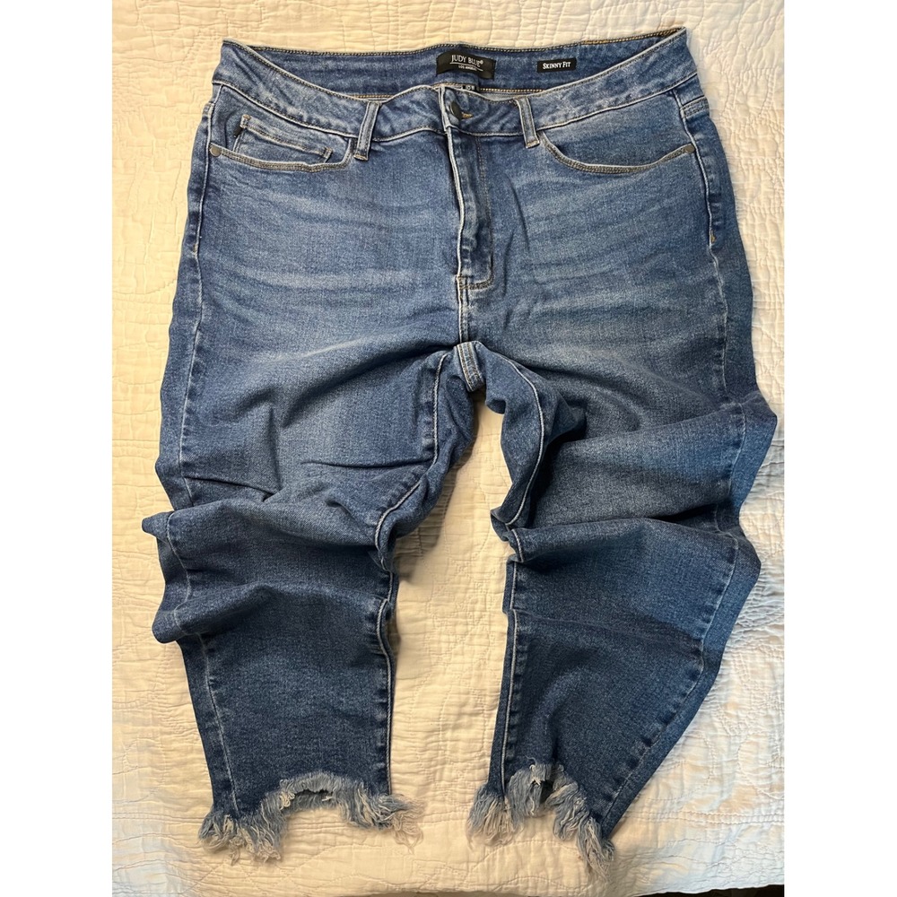 Judy Blue Skinny Fit Jeans Medium Wash Raw Frayed Hem High Rise Denim 18W